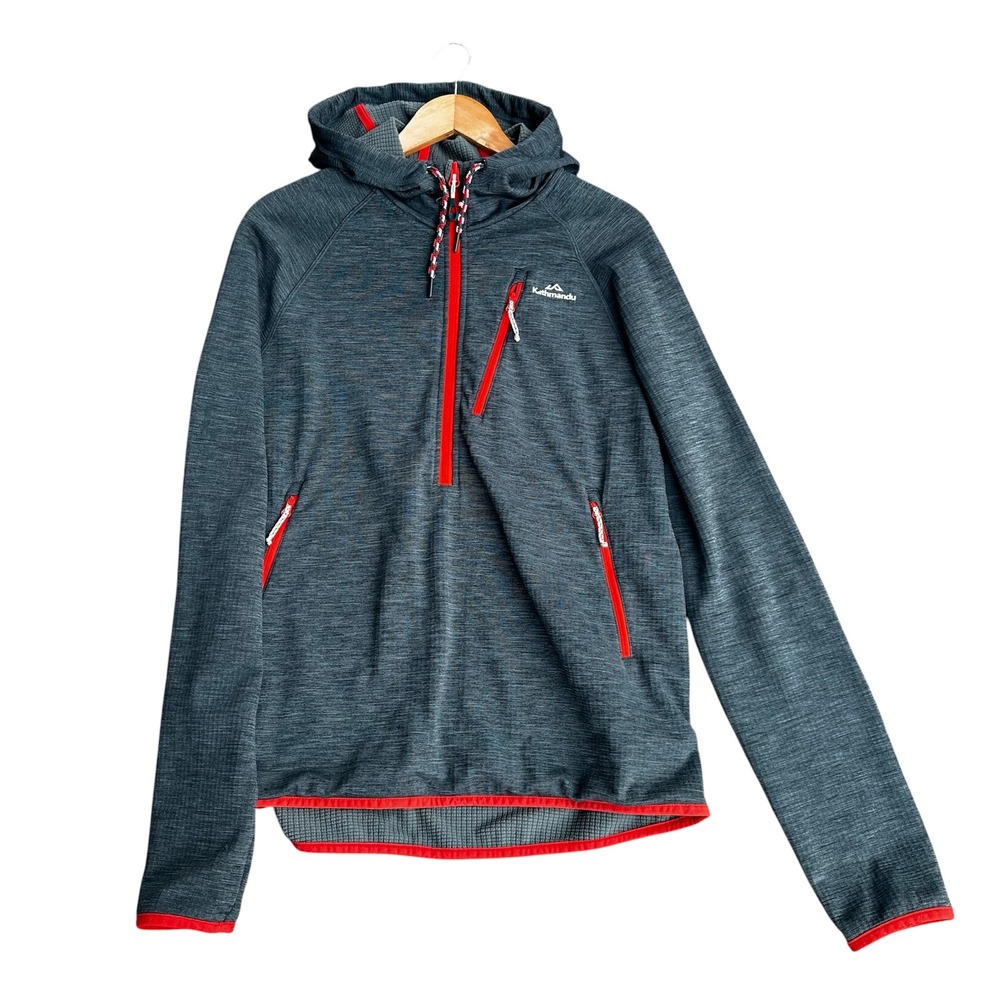 Kathmandu Sweater Quarter Zip Hooded Grid Fleece Pullover Charcoal Orange Medium